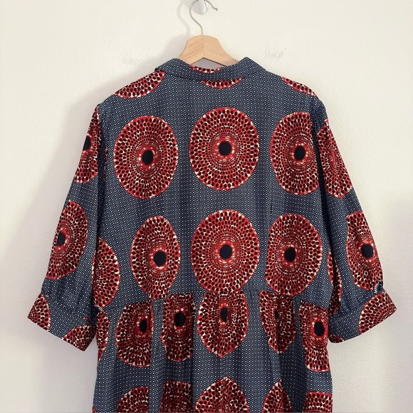 NEW The Oula Company Tiered Maxi Printed Cotton Shirt Dress Blue Red Large - Picture 6 of 11